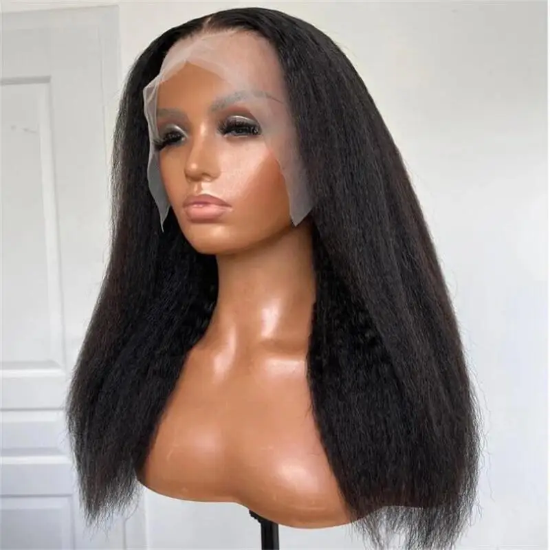 Yaki Wig renda rambut asli untuk wanita, Wig renda depan rambut lurus Kinky hitam alami dengan ketebalan 180 panjang 26 inci untuk wanita