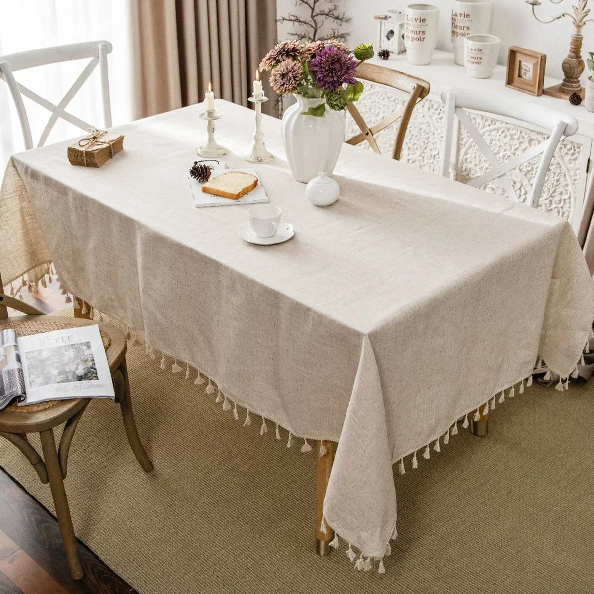 

Waterproof Table Cover Wrinkle Free Rectangular Table Cloth with Tassel Anti-Fading Outdoor Rustic Farmhouse Tablecloth for