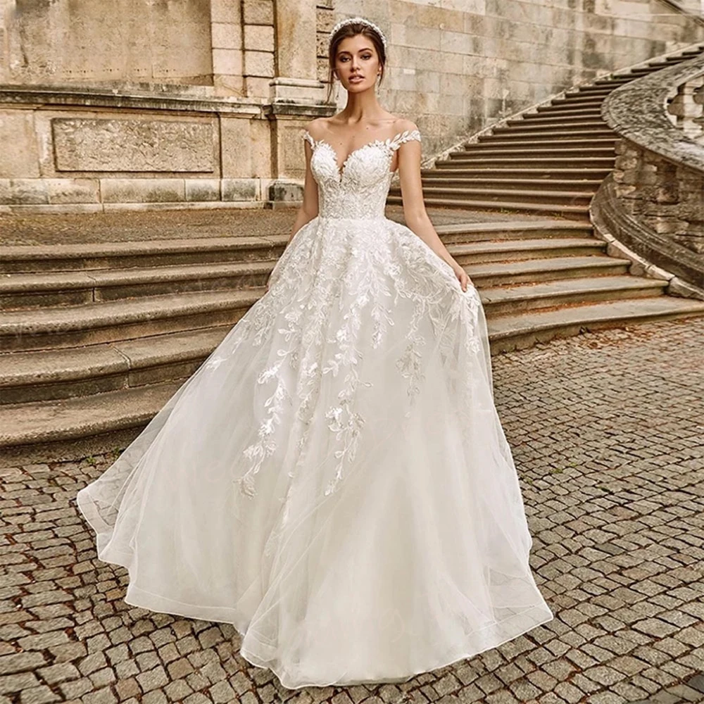 2025 Exquisite A Line Wedding Dresses Modern Appliques Lace Bride Gowns Sexy Cap Sleeve Tulle For Women Vestidos De Novia Boda