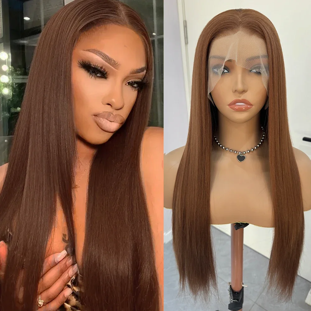 

Модные 26 дюймов 180 Плотность Мягкие Коричневые Прямые Парики Фронта Шнурка Для Женщин С Детскими Волосами Синтетические Парики Для Повседневного Ношения