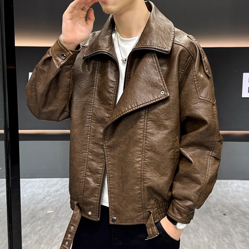 2026 Spring Autumn Men's Chic Faux Leather Jacket Windproof Waterproof Motorcycles Jackets Male Turn Down Collar Leather Outwear