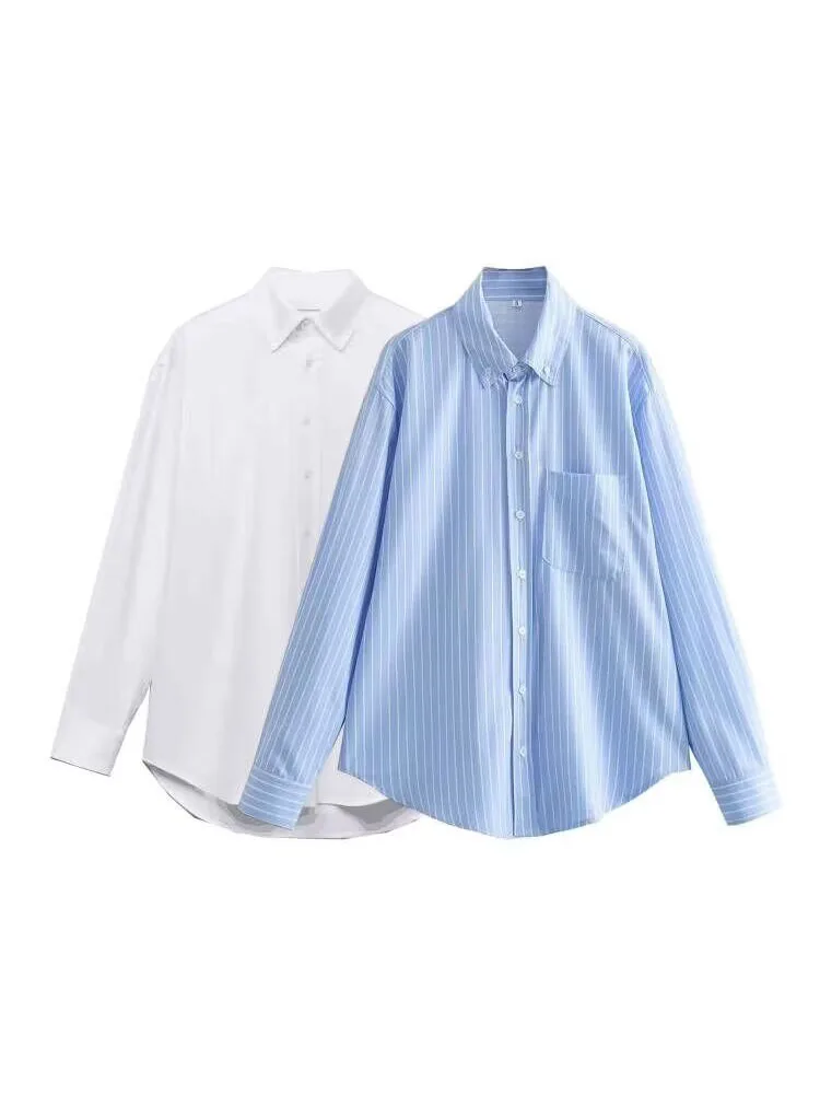 2024ZAR * Spring/Summer New Women\'s Polo Collar Long Sleeve Loose Casual Striped Poplin White Shirt Top