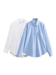 2024ZAR * Spring/Summer New Women's Polo Collar Long Sleeve Loose Casual Striped Poplin White Shirt Top