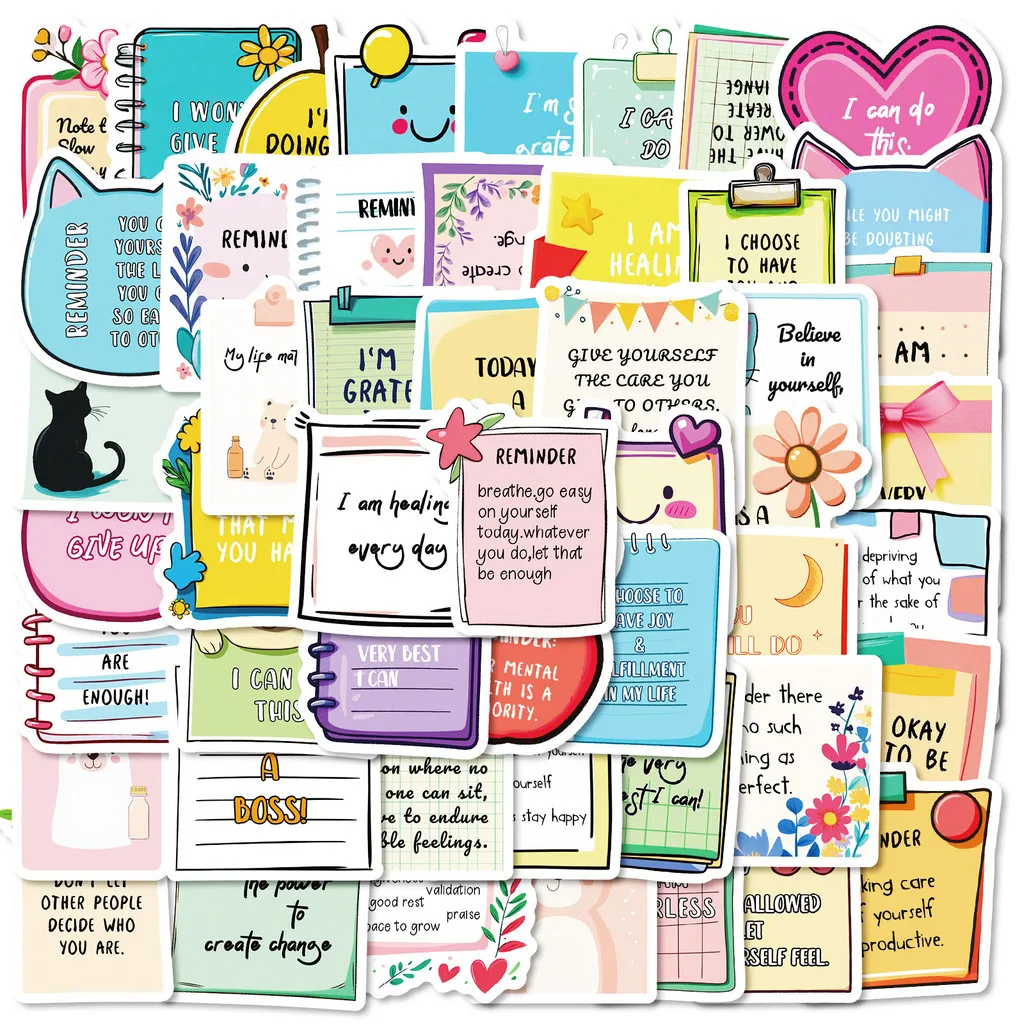 50Pcs Self‑Affirmation English Doodle Stickers, Fresh Ins‑style Cute Text Label Decals, DIY Decor Materials AnimeWorlds Store