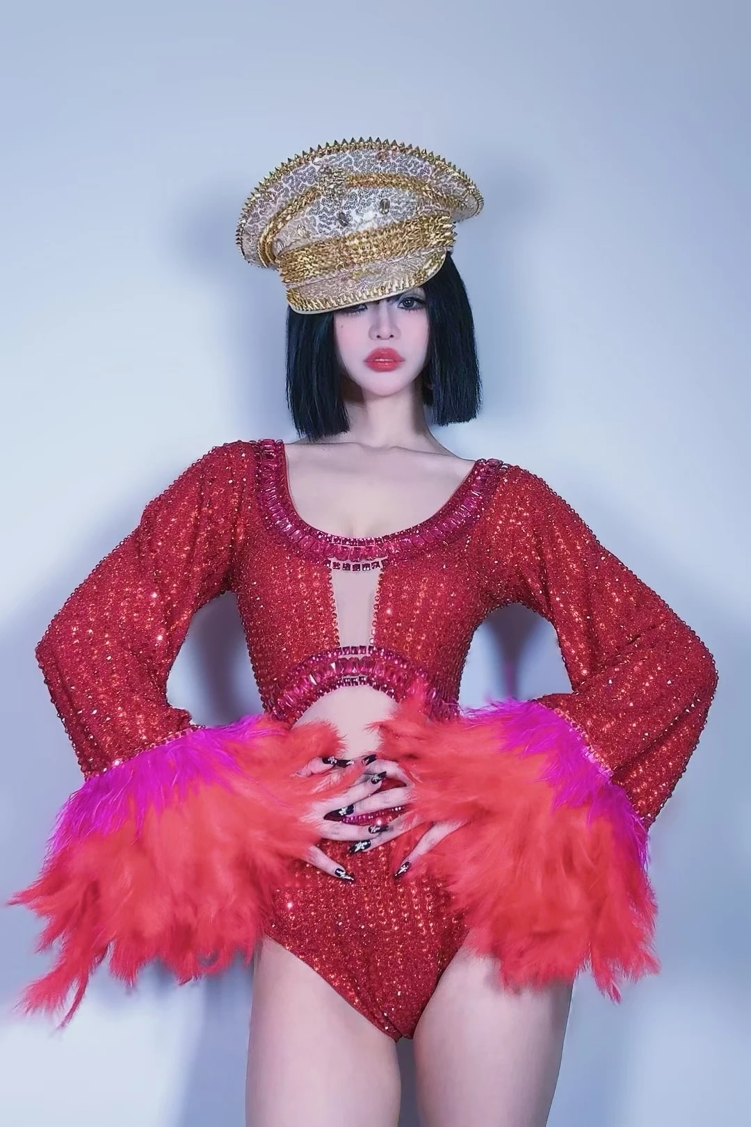 

Lieyan Women Sparkly Red Rhinestone Stretch Bodysuits New Arrival Birthday Party Performance Stage Wear Costume Feather Sleeve