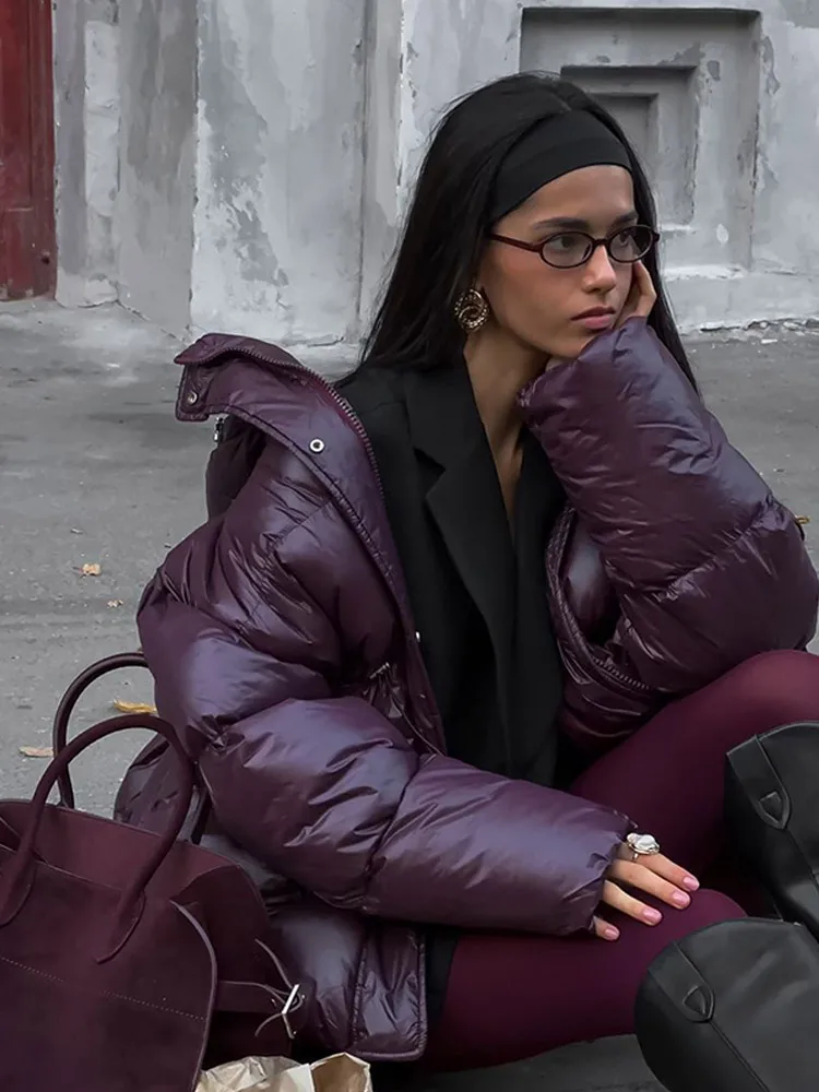 Chaqueta cálida de invierno Borgoña para mujer, abrigos de algodón con bolsillos y cordones y cuello levantado elegante, prendas de vestir