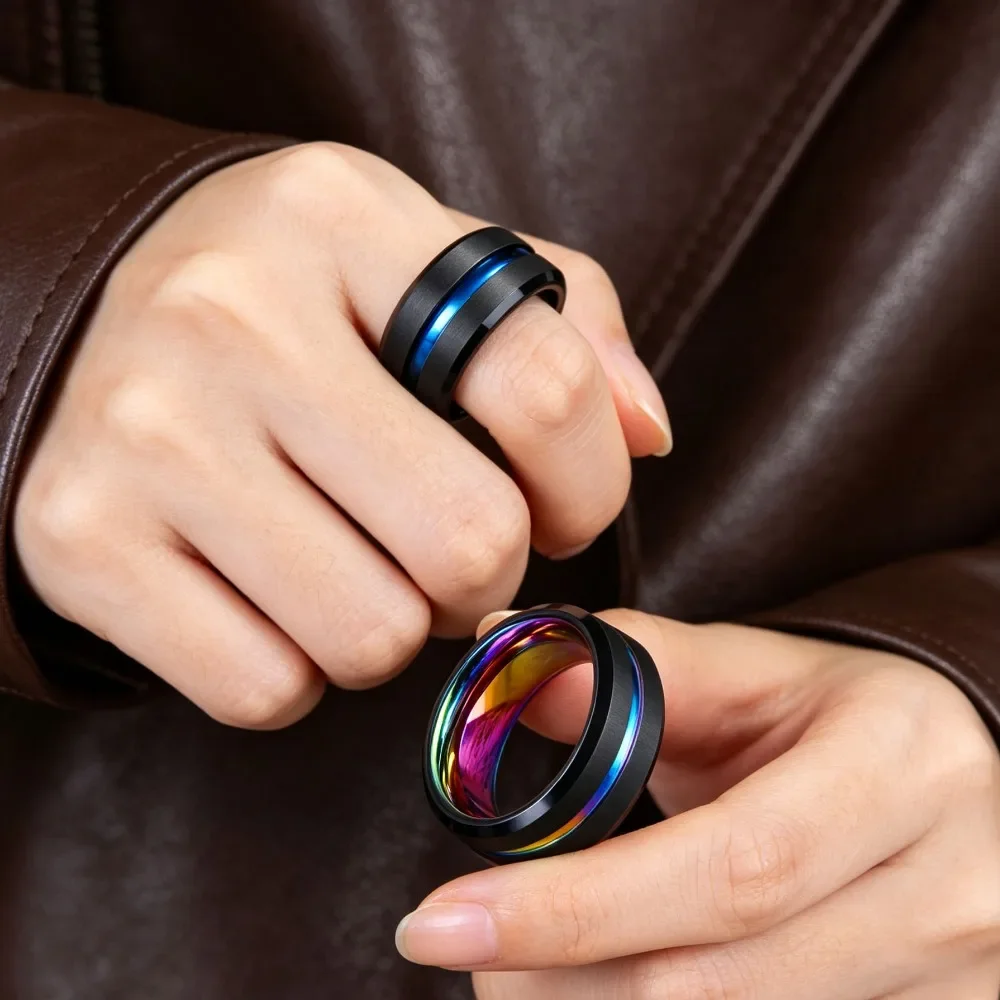 8mm Black Groove Beveled Edge Tungsten Ring Men Wedding Engagement Band Valentines Day Gift, Mens Jewelry