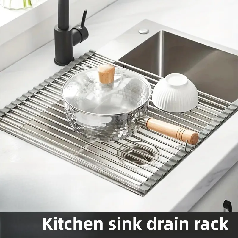 

Stainless Steel Sink Drainer - Foldable Kitchen Dish Rack with Utensil Holder, Multi-Functional Space Saving Organizer