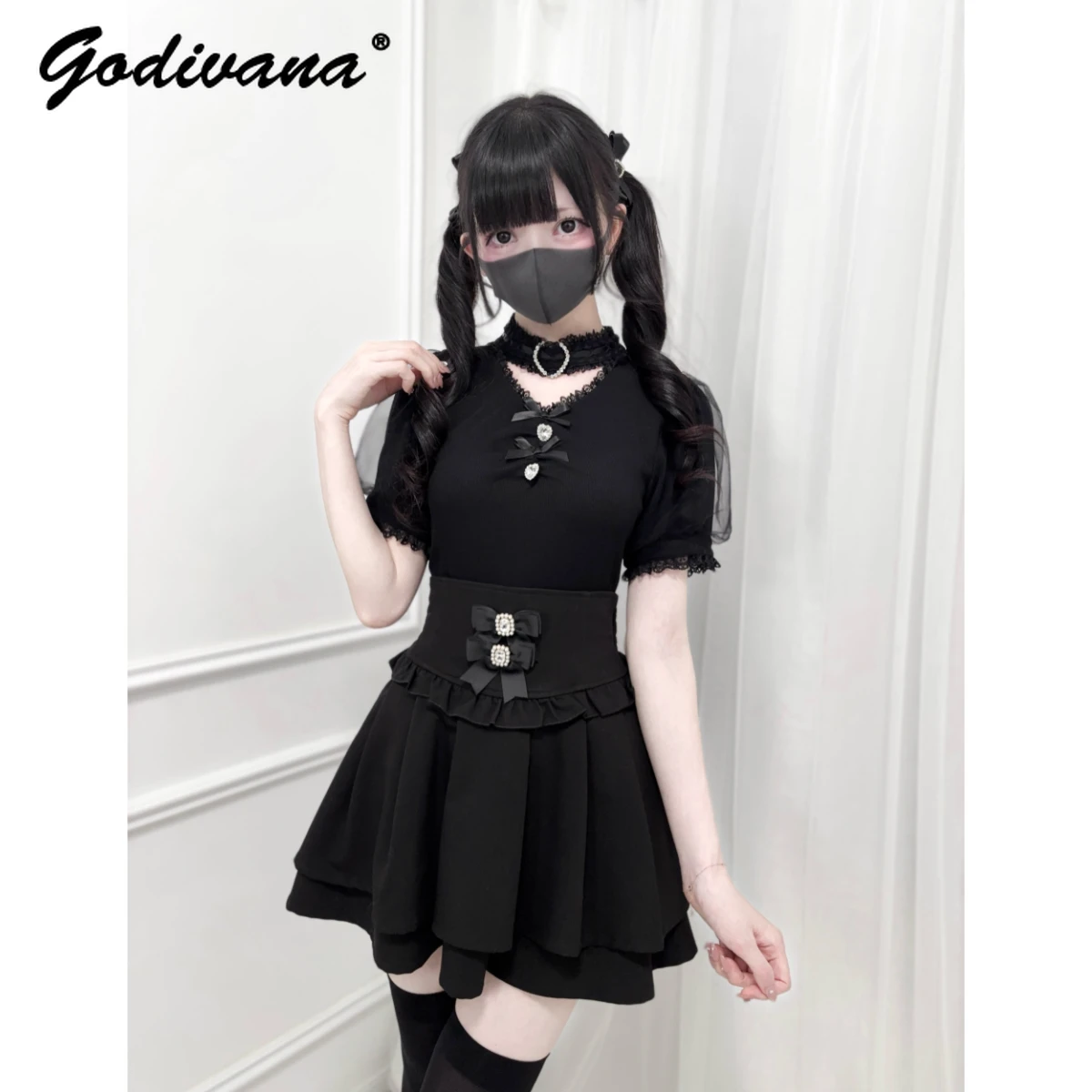 

Original Design New Summer Girls Sweet Love Rhinestone Choker Bow Short Sleeve Knit Shirt Tops Women's Subculture V-neck Tees