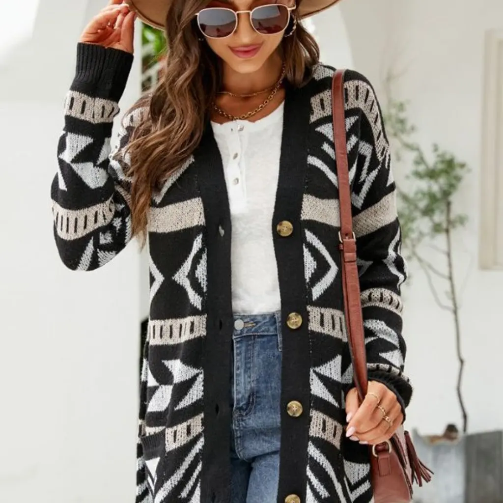 

Women's Diamond Jacquard Long Sweater Coat Autumn Winter New Loose Knitted Cardigan by