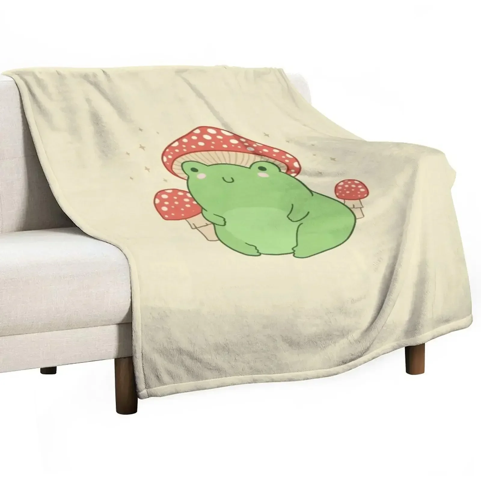 

Kawaii Frog with Mushroom Hat and Toadstools - Cottagecore Aesthetic Froggy - Chubby Amanita Muscaria Forest Theme Throw Blanket