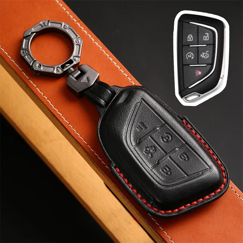 

1pc 5 Bottons Leather Car Key Case Shell Fob Cover For Cadillac CT4 CT5 Escalade Cadillac 2019 2020 2021 2022 Keychain