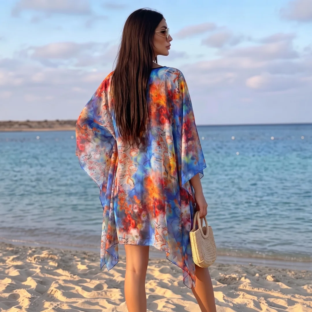 Plus Size Friendly Floral Chiffon Beach Robe Muslim Women Wide Batwing Sleeve Light Swim Cover Up Abaya