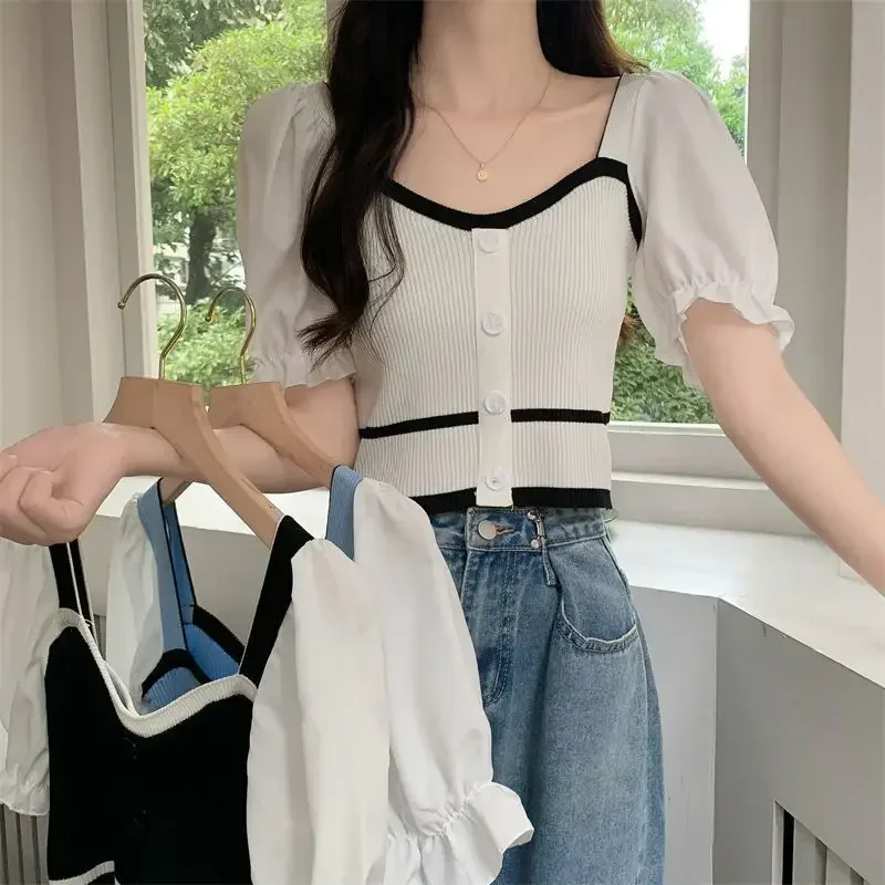 Sweet Age Reduction Bubble Sleeve T -shirt Female Summer New Design Sensory Contrasting Color Ins Collar Short Knitted