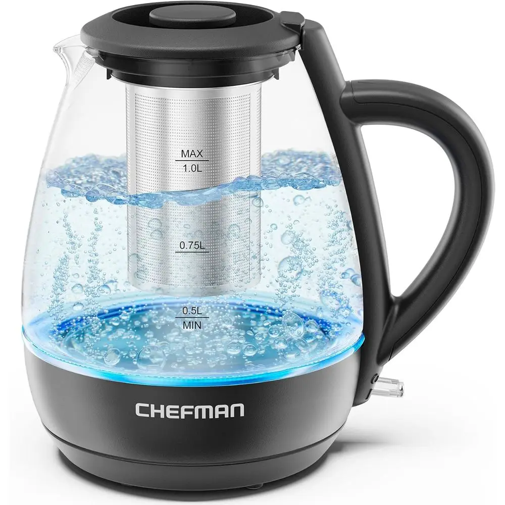 Compact 1L Electric Kettle with Tea Infuser, 1500W, Removable Lid, Boil-Dry Protection, Stainless Steel Filter, BPA-Free, Auto S