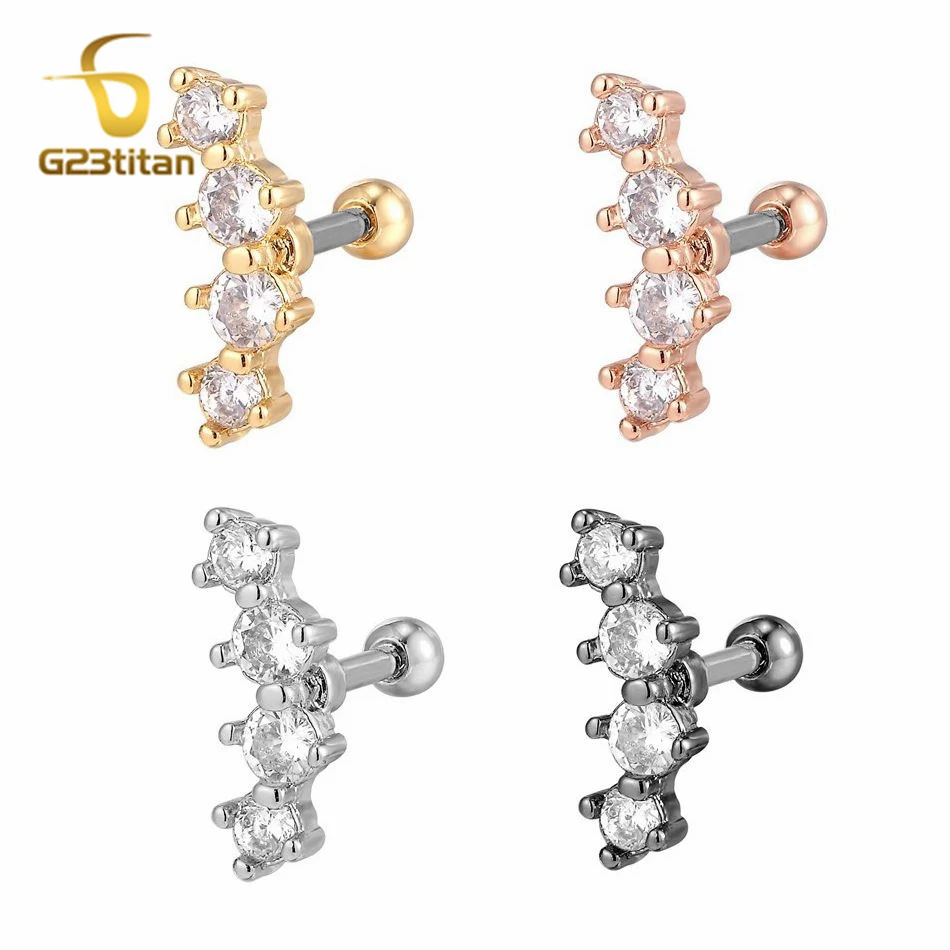 G23Titan, 1 pieza, 4 circonitas, pendientes, 1,2mm, 16G, barra de titanio, cartílago, hélice, lóbulo superior, Piercing, joyería, adorno de pendiente para mujer