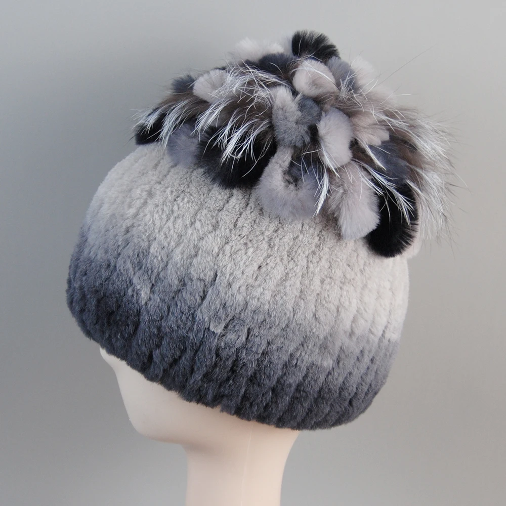 Natuurlijke Bont Hoeden Voor Vrouwen Winter Real Rex Konijn Hoed Vossenbont Breien Vrouwelijke Warme Sneeuw Caps Dames Elegante Prinses Mutsen Cap