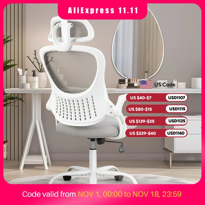 JHK Mesh Ergonomic Office Computer Desk Chair Flip-up Arms Adjustable Headrests Comfortable Lumbar Support For Home Office