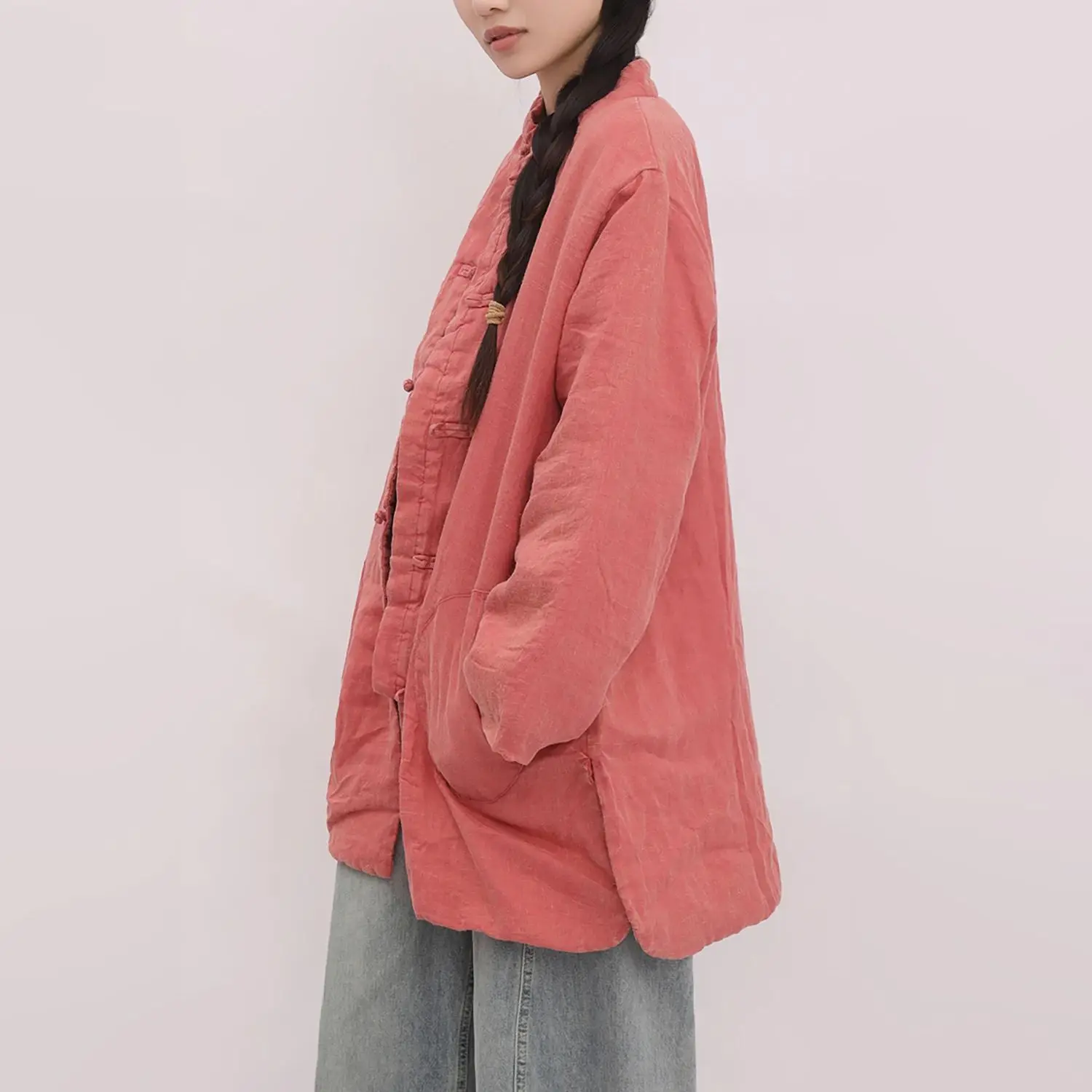 LZJN 여성용 겨울 젠 스타일 빈티지 솜 패딩 코트, 만다린 칼라 버튼형 따뜻한 재킷, 태극권 의류 디자인.