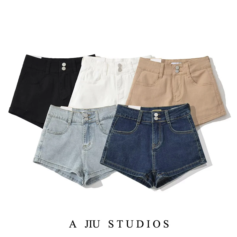 กางเกงยีนส์ทรงเอ สไตล์อเมริกัน สไตล์สาวเปรี้ยว เอวสูง ขาตรง กระชับสัดส่วน ทรงเอ สไตล์ฮอต สำหรับผู้หญิง ฤดูร้อน กระดุมสองเม็ด ช่วยยกกระชับสะโพก