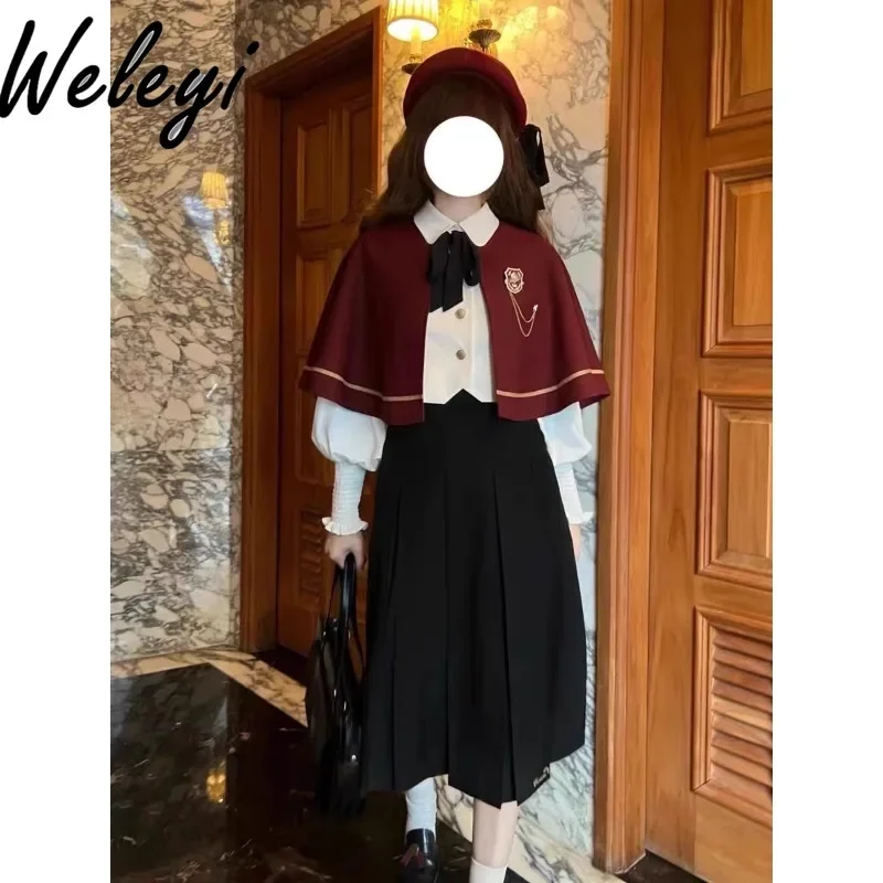 

British Western Jirai Kei Y2k Uniform Set Ropa De Mujer 2024 Autumn New Elegant Girl College Cloak Vest Shirt Student Skirt Suit