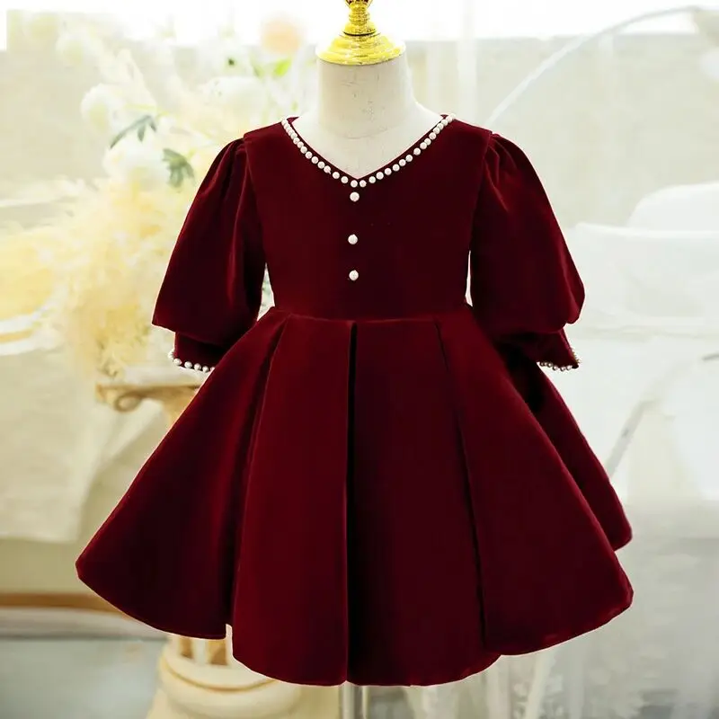 Girl Dress Spring and Autumn Little Girl Red Velvet Princess Dress Children's Western Style Red Flower Girl Wedding Dress