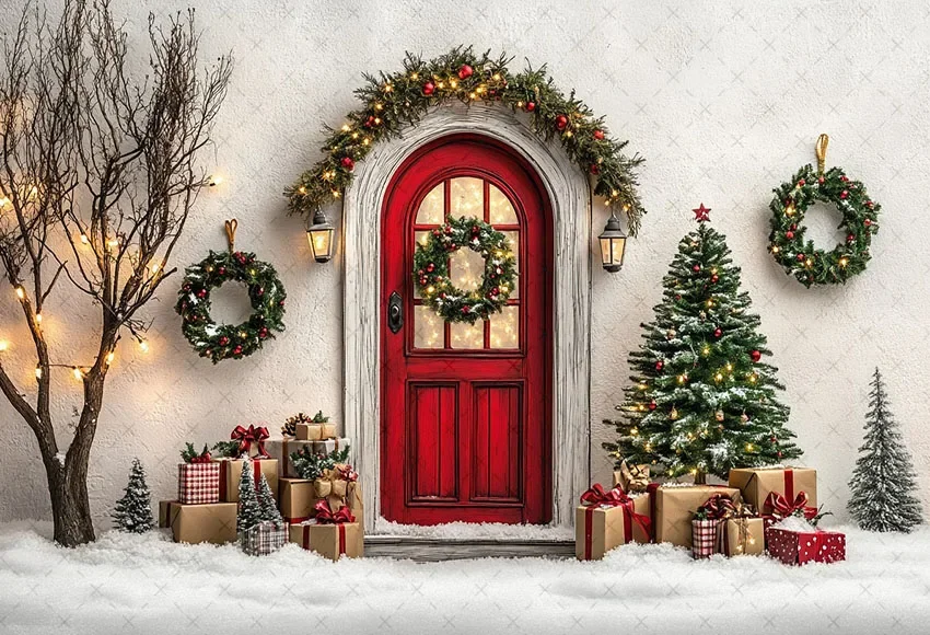 Mehofond Photography Background Winter Christmas Wooden Door Forest Xmas Tree Kids Family Portrait Decor Backdrop Photo Studio