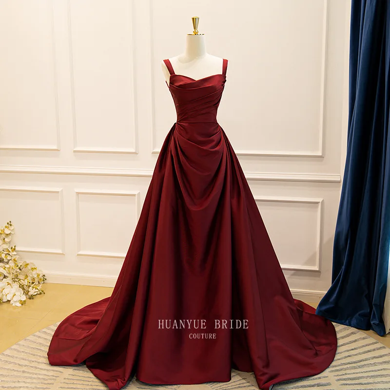 

Burgundy Toast Dress Slimming Satin Elegant Evening Gown Strap Double Shoulder French Square Neck Long StyleASkirt