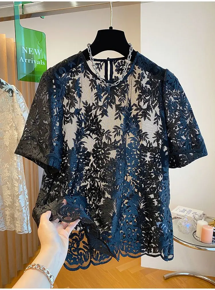 lace shirt women's short sleeved 2024 new loose and fashionable chiffon cover shirt small shirt top summer
