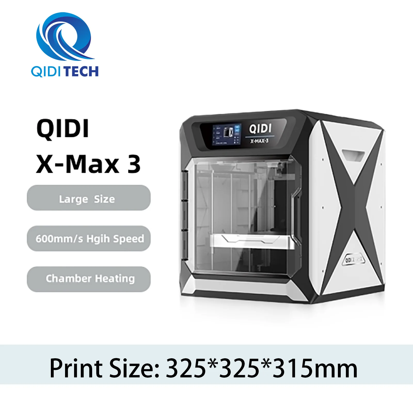 QIDI TECHNOLOGY X-MAX 3 3D Printer, 600mm/s High-Speed, High-Flow 35mm³/s, 65℃ Chamber Heating, 325*325*315 mm