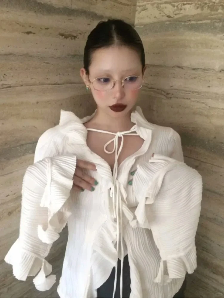 

2025 Camisas De Mujer Fashion Irregular Shirts Crop Tops Slare Sleeve Sweet Blouses Ruffles Long Sleeve Blouse Women's Clothes