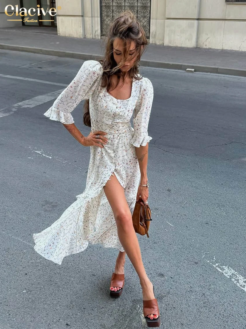 

Clacive Summer Loose Print Women's Dress 2026 Fashion Square Collar Short Sleeve Midi Dresses Elegant Classic Slit Female Dress