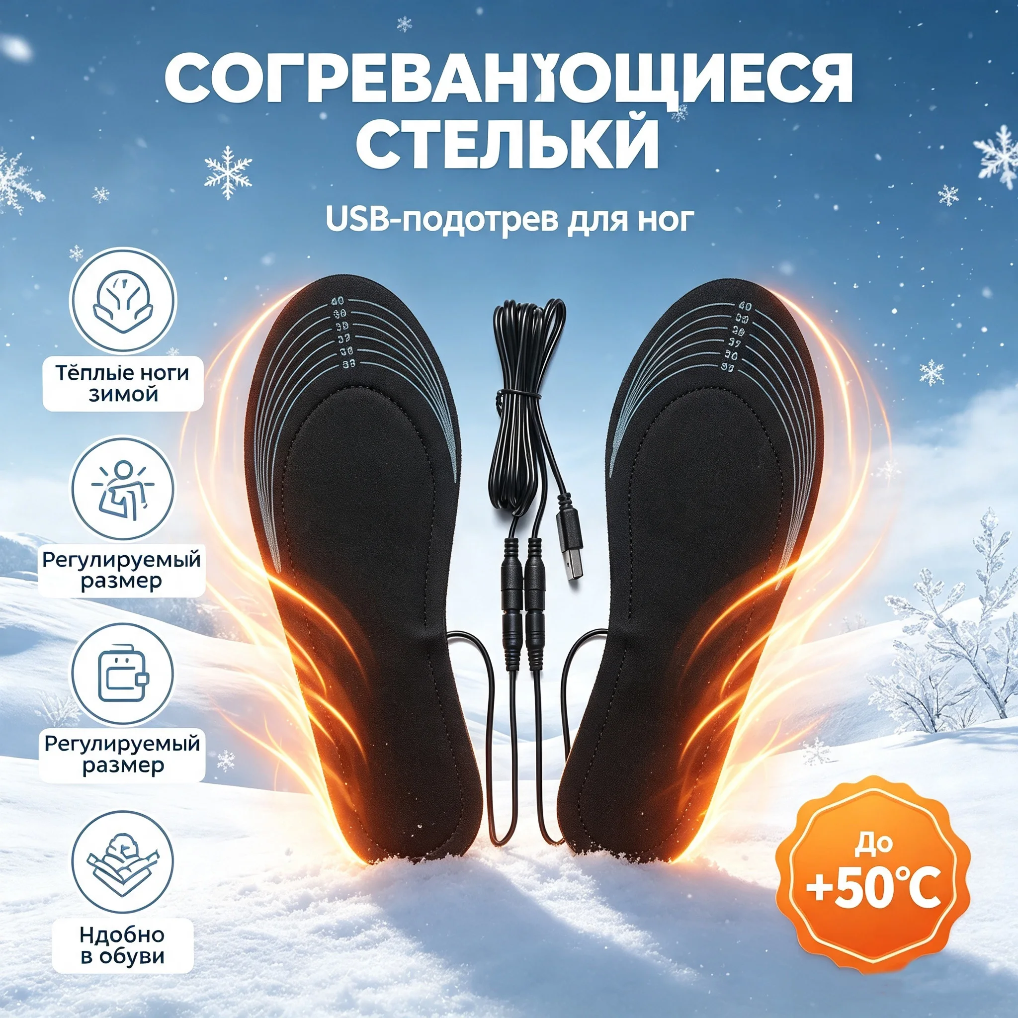 Trimmable USB Heated Insoles 50℃ Winter Electric Foot Warmers Heating Shoe Pads For Outdoor Camping Skiing Office Use