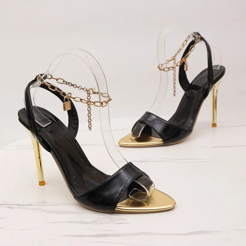 Markendesign Dünne Super-High-Heels Sandalen Damen 2026 Sommer Spitze Zehen Metall-Knöchelriemen Sandalen Sexy Schwarze Nachtclub-Schuhe