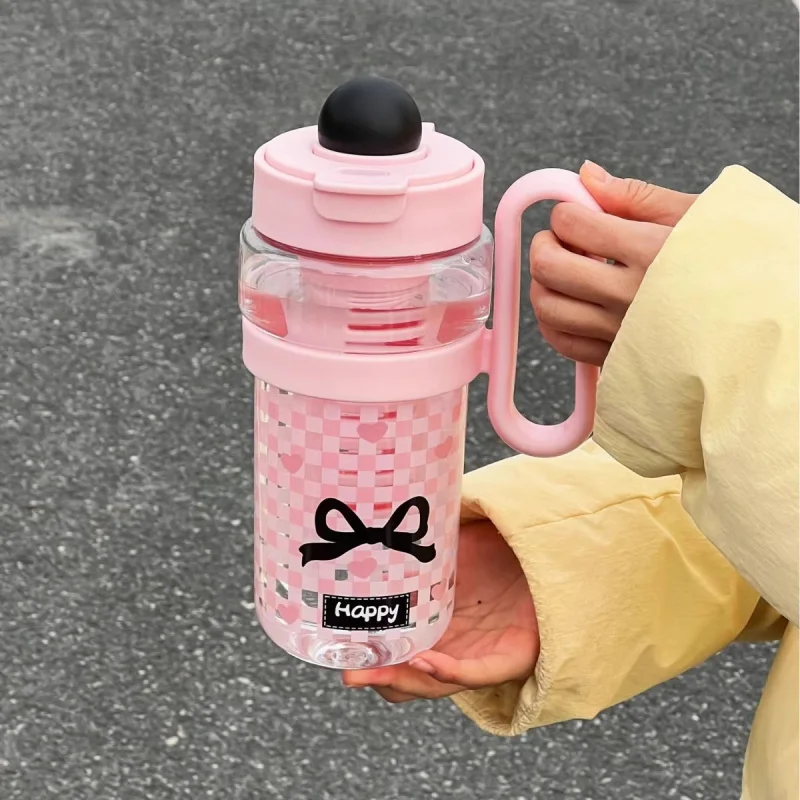 Large Kawaii Water Bottle With Straw 1200ml Cute Cherry Bow Cup Fruit Tea Bottle Coffee Juice Plastic Tumbler With Filter Handle