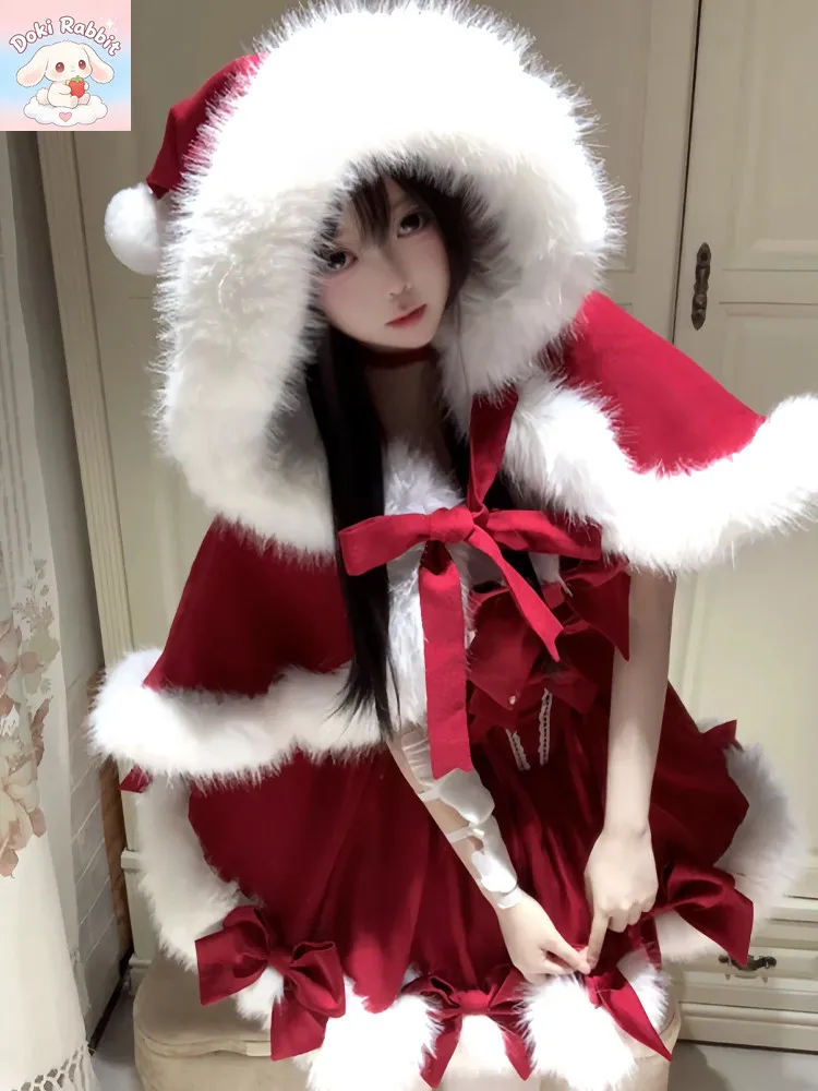 Winter Merry Christmas Red Lolita Women 2 Pieces Set Thicken Overcoat + Slim Fit Dress Harajuku Party Vintage Y2k Korean Outfits