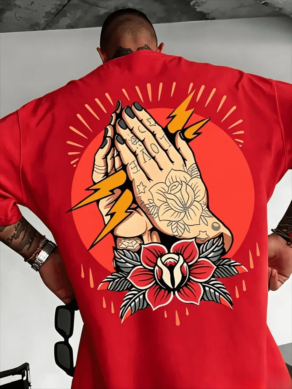 Amerikanisches Retro-Tattoo-Kunst-Gebet, 3D-Druck, atmungsaktiv, schnelltrocknend, lockeres, großes Herren-T-Shirt, Street-Casual-Hip-Hop-Oberteil – Detail 4