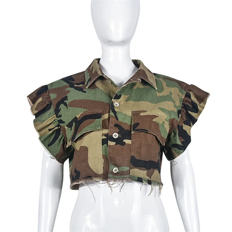 Fashion Women Ruffles Camouflage Jackets Crop Tops Cargo Style Turn Down Collar Butterly Sleeve Single Breasted Pockets Vests