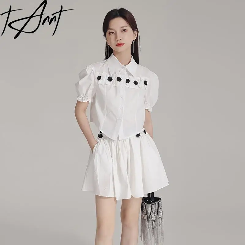 

Tannt Women Shirt Ruffles Flowers Splicing Short Sleeves Cotton Shirt Blouses Color Matching Black White Short Blouses Tops 2024