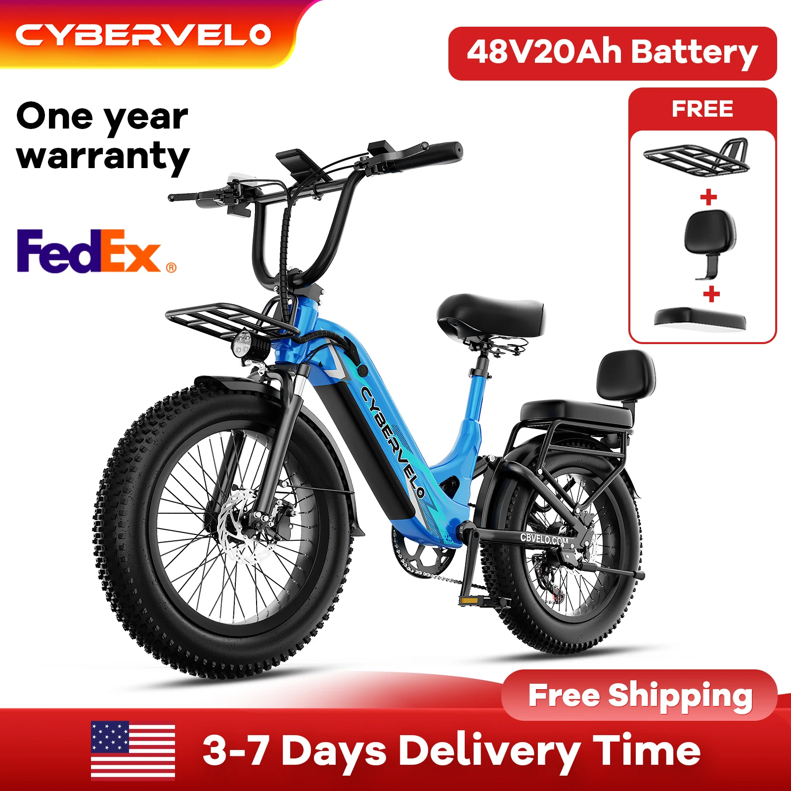 

Cybervelo 20" Fat Tire Step-Thru Electric Bicycle For Adult ,1500W Peak 48V 20Ah Battery, 7-Speed City Commute E-bike EK12