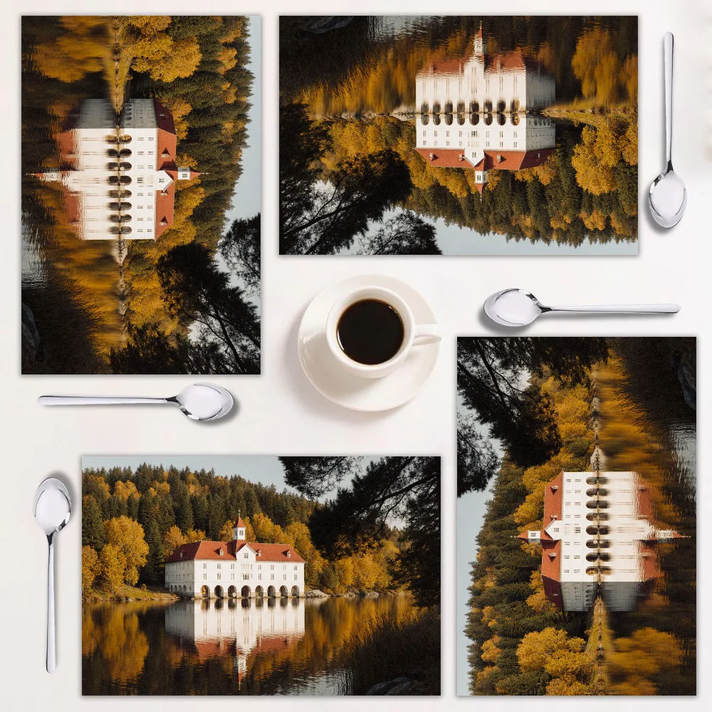 Juego de manteles individuales de 4 piezas, diseño de paisajes otoñales, fácil de limpiar, decoración rectangular para el hogar, perfecto para comedor y vacaciones.