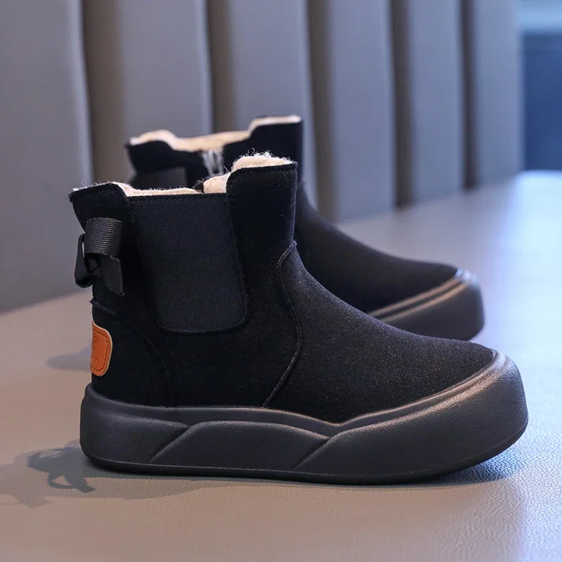 Botines de plataforma para niños, botas de nieve versátiles con lazo para invierno, botas térmicas informales de felpa cálidas para niñas y exteriores con cremallera lateral