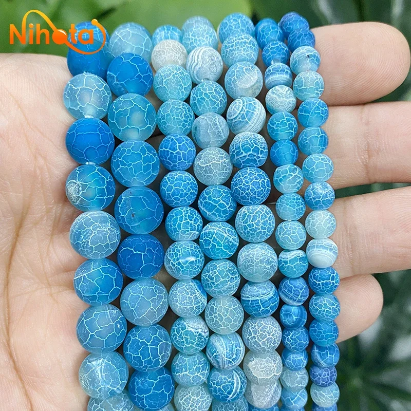 الصقيع كراب متصدع بحيرة الأزرق العقيق الخرز لصنع المجوهرات الجولة فضفاض الخرز Diy بها بنفسك Charms سوار أقراط 15 "ستراند 6/8/10 مللي متر