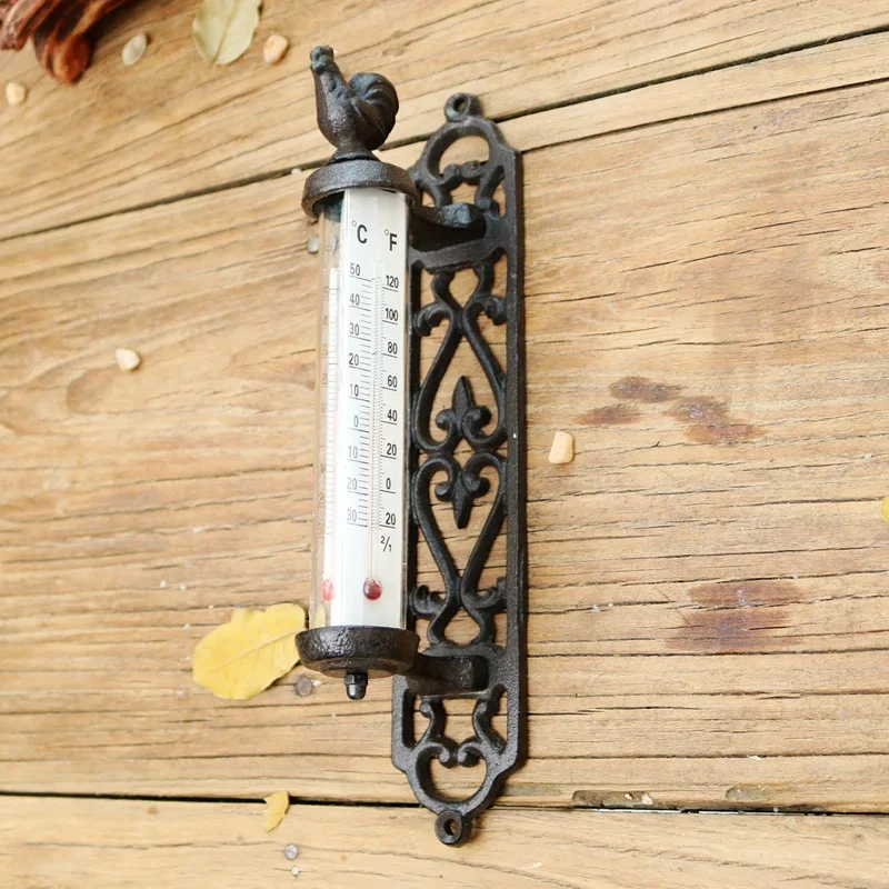 Vintage Iron Wind Chime with Wall Mounted Thermometer for Indoor Outdoor European Style Hanging Decorations