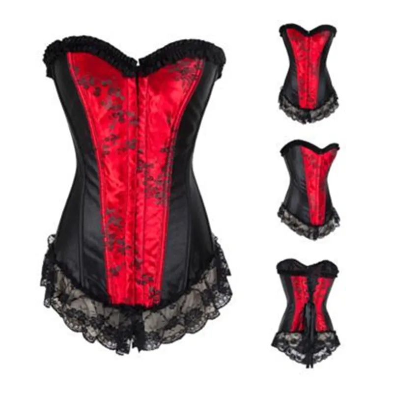 Sexy Lingerie with Garters Sets Women\'s Lace Hem Overbust Corset Lace Up Zipper Waist Body Shaper Boned Corset Bustier Plus Size