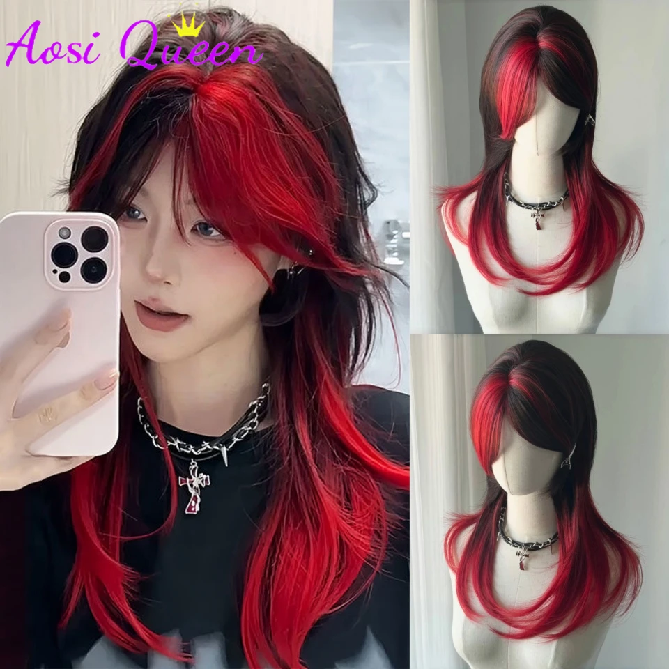 

AOSI Synthetic Black Red Wig Ladies Middle Part Natural Synthetic Long Straight Hair Daily Cosplay High Temperature Headgear
