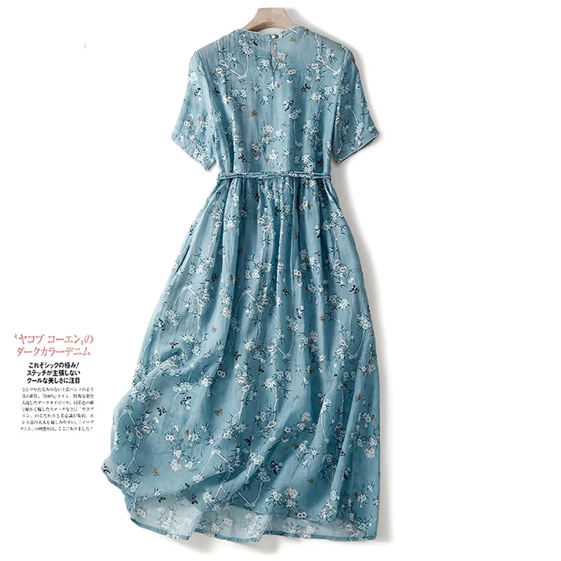 

Cotton linen floral dress female new fashion pockets chic and elegant temperament light lace-up waist-length casual ZL14