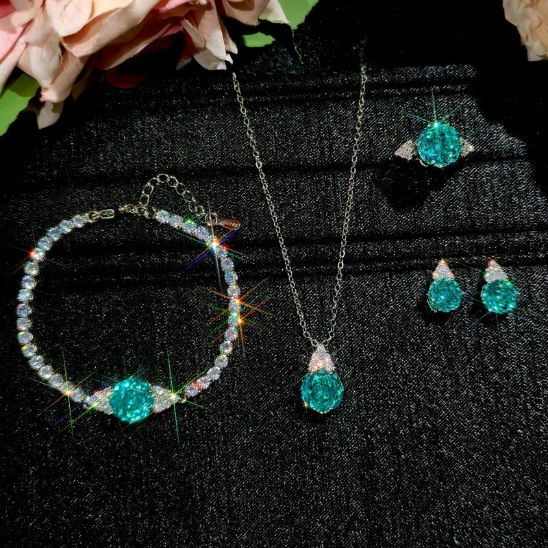 French millennium rose-cut Paragreen zircon 925 sterling silver necklace pendant, lady's engagement ring, earrings and bracelet