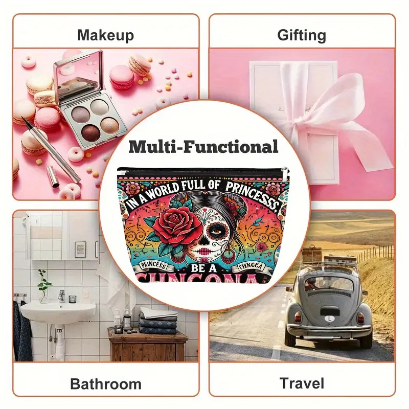 花と頭蓋骨の化粧品バッグ - 女性用のかわいい多機能ジッパーポーチ、ジュエリー収納バッグ