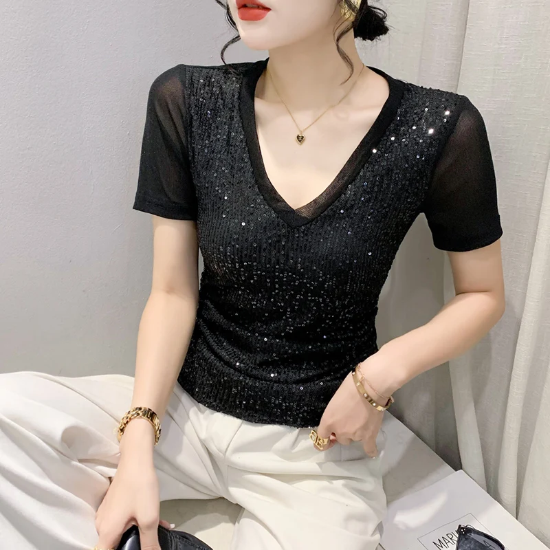 Sexy V-Ne T-irt Women's ort Sve Me Splice Sequin Slimming Top Trendy Summer Faion Small irt Korean Sle